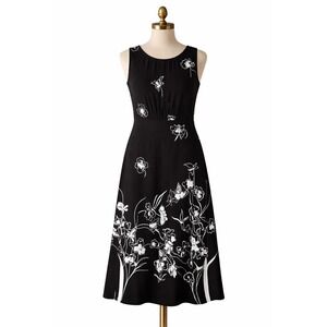 Chaps Black White Floral Midi Dress Womens Plus 1X Sleeveless Tie Back Overlay